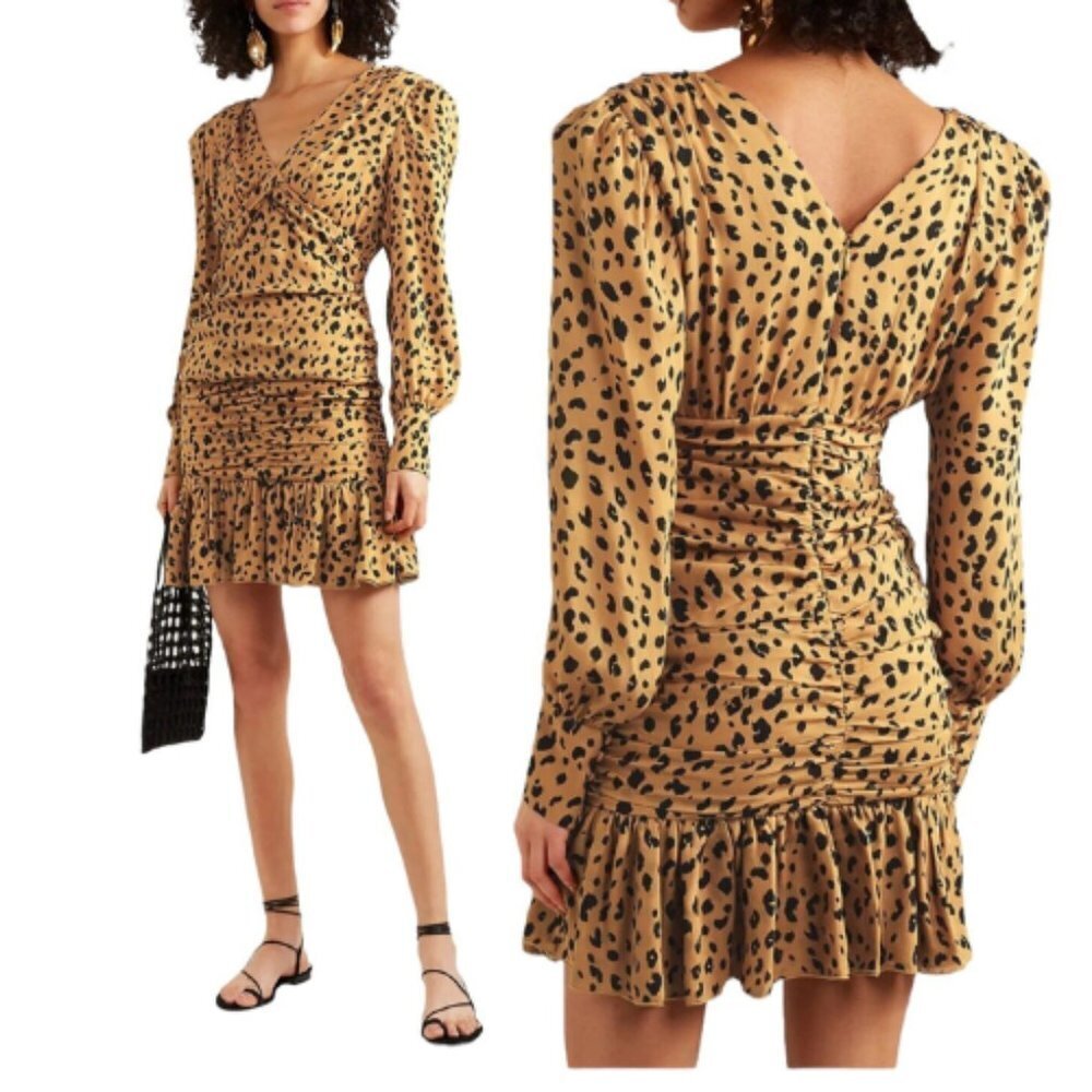 NICHOLAS Tan and Black Leopard-Print Long Sleeve Ruched Mini Dress
